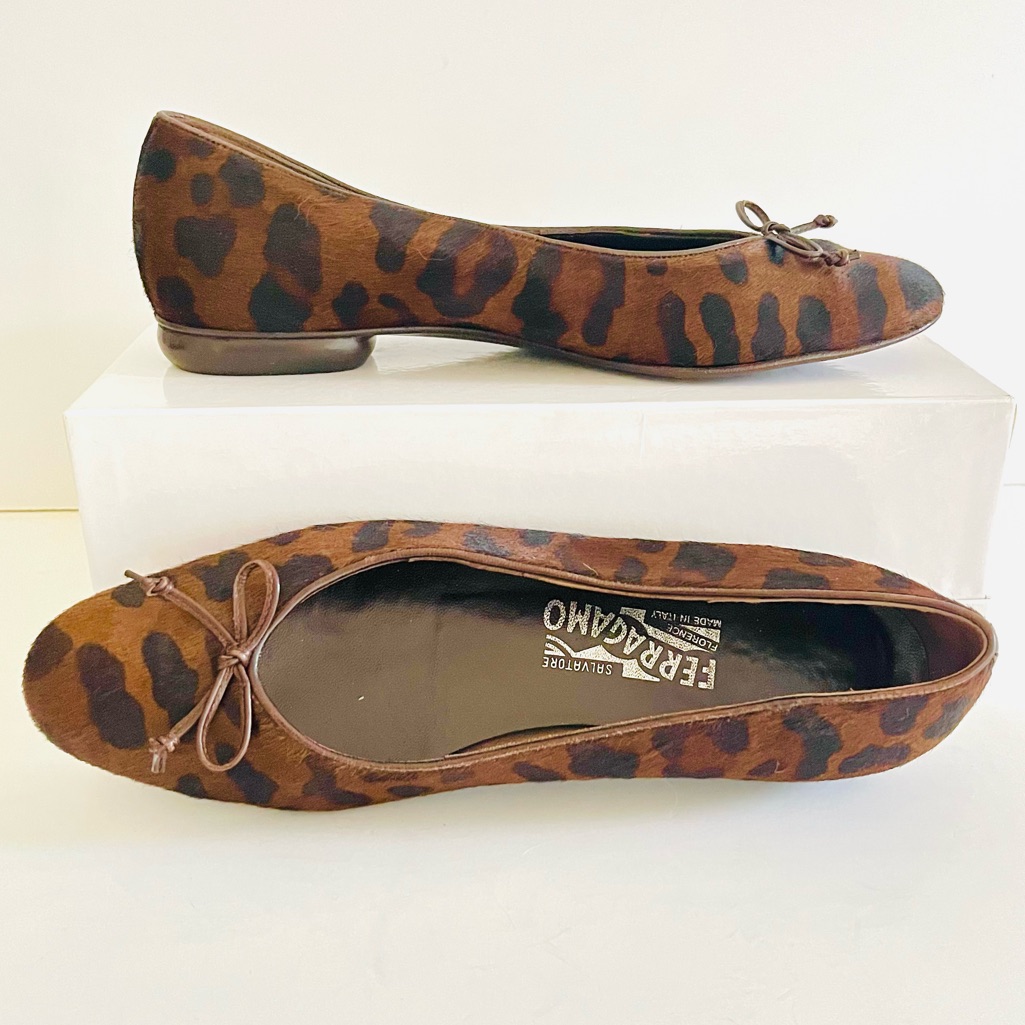 Ferragamo Brown Ponyhair Animal Print Ballet Flats 7.5